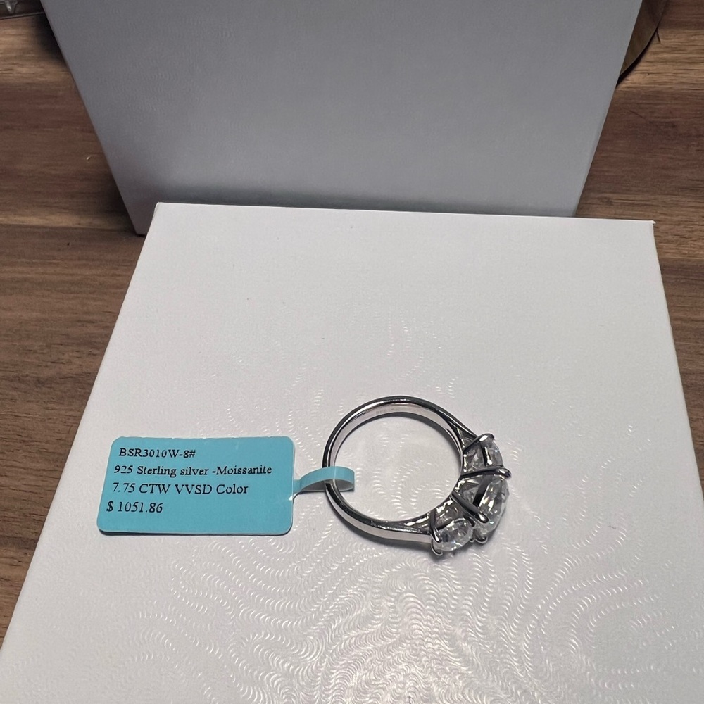 Sterling Silver Three Stone Moissanite Ring Size 8 - Picture 6 of 8